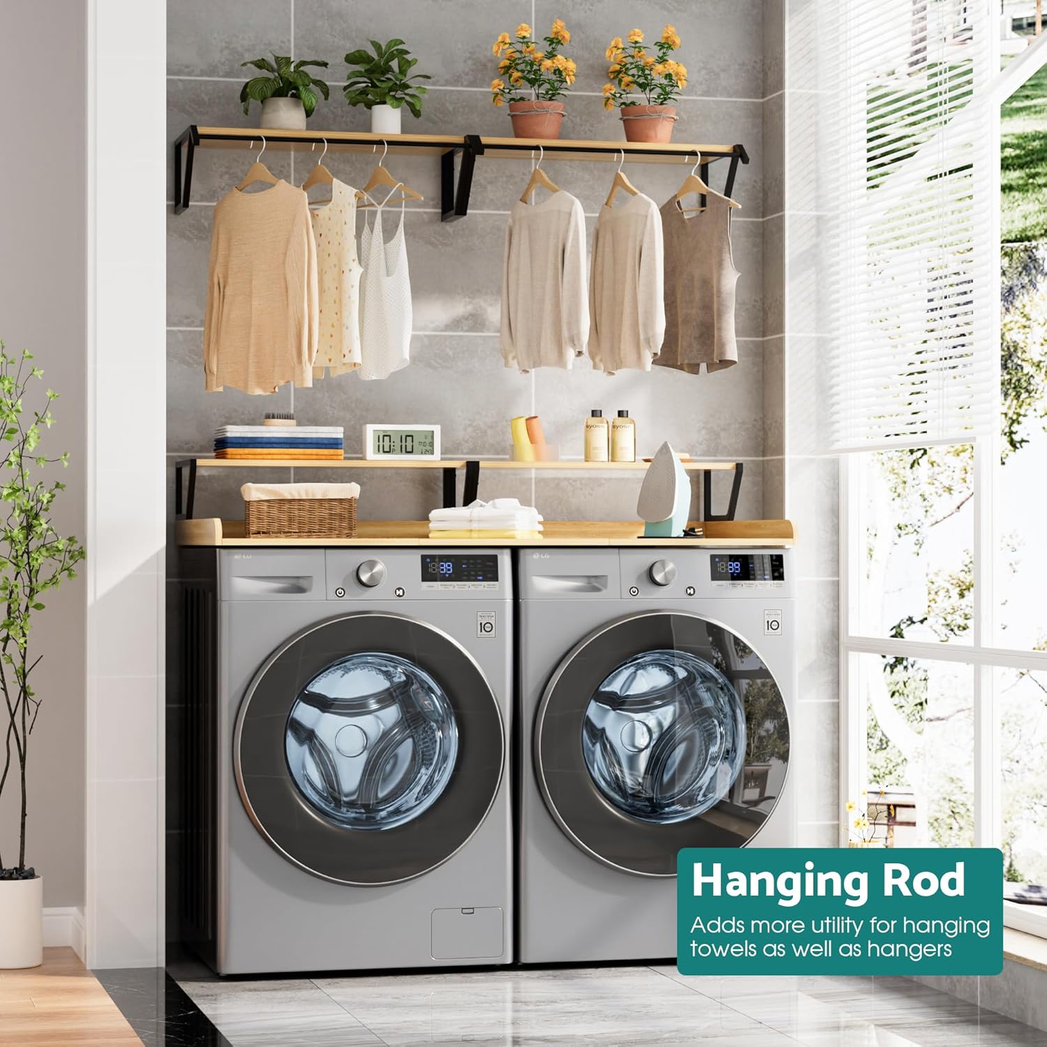Set Washer Dryer Countertop with Hanging Rod, Laundry Countertop with Wall Shelf for Laundry Room Organization, Washer Dryer Topper with Anti-Slip Pads and Raised Edges Oak