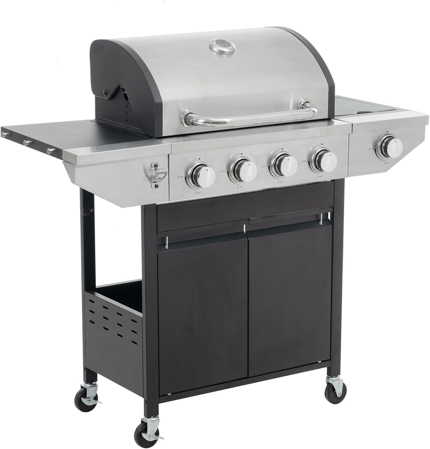 Propane Grill 4 Burner Barbecue Grill Stainless Steel Gas Grill with Side Burner, 46,500 BTU Outdoor Cooking, Patio, Garden Barbecue Grill, Black and Silver