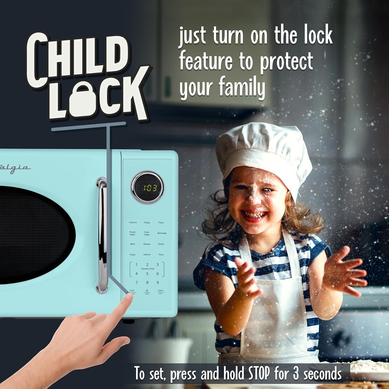 Nostalgia Retro 1000W Microwave Oven 1.1 Cu Ft Capacity – Child Safety Lock, 8 Auto-Cook Settings – Countertop Kitchen Appliance – Aqua