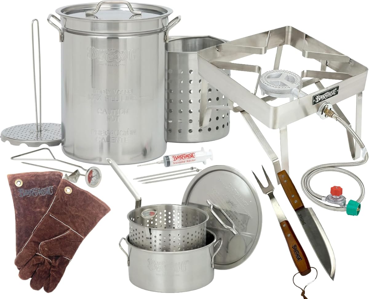 Turkey Fryer Exclusive 32 Quart Stainless Steel Stockpot Basket and All Accessories coupled with a Stainless 16