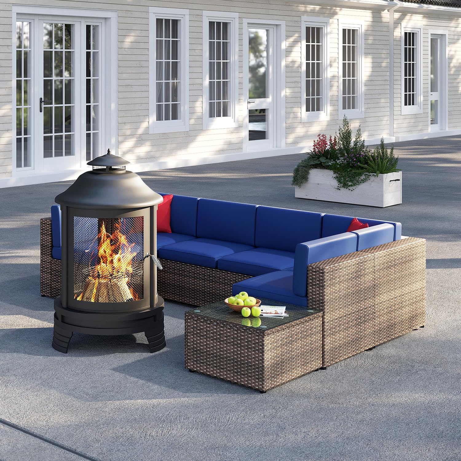 oneinmil 8-Piece Outdoor Furniture Set, with Large Fire Pit Chiminea, 2 in 1 Fire Pit for Outdoor, Wicker Rattan Sectional Conversation Set, and Coffee Table