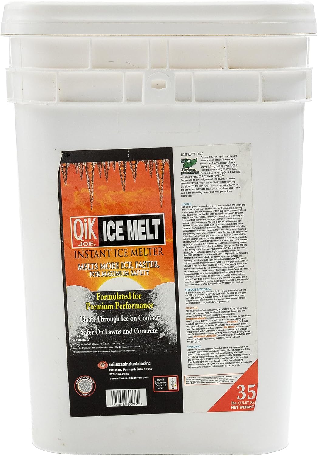 Qik Joe Calcium Chloride Ice Melt - Instant Snow and Ice Melt for Sidewalks, Driveways, Steps, and Parking Lots - Deicer for Concrete, Asphalt, and Other Surfaces - 35 Lbs