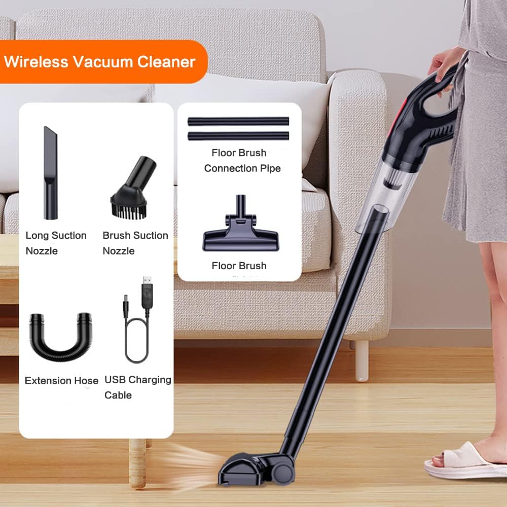Lightweight Cordless Rechargeable Stick Vacuum Cleaner, 15000pa Powerful Suction Upright Vacuum Cleaners with HEPA Filter, Household Handheld Vacuum Cleaners for Pet Hair Home Office (Black)
