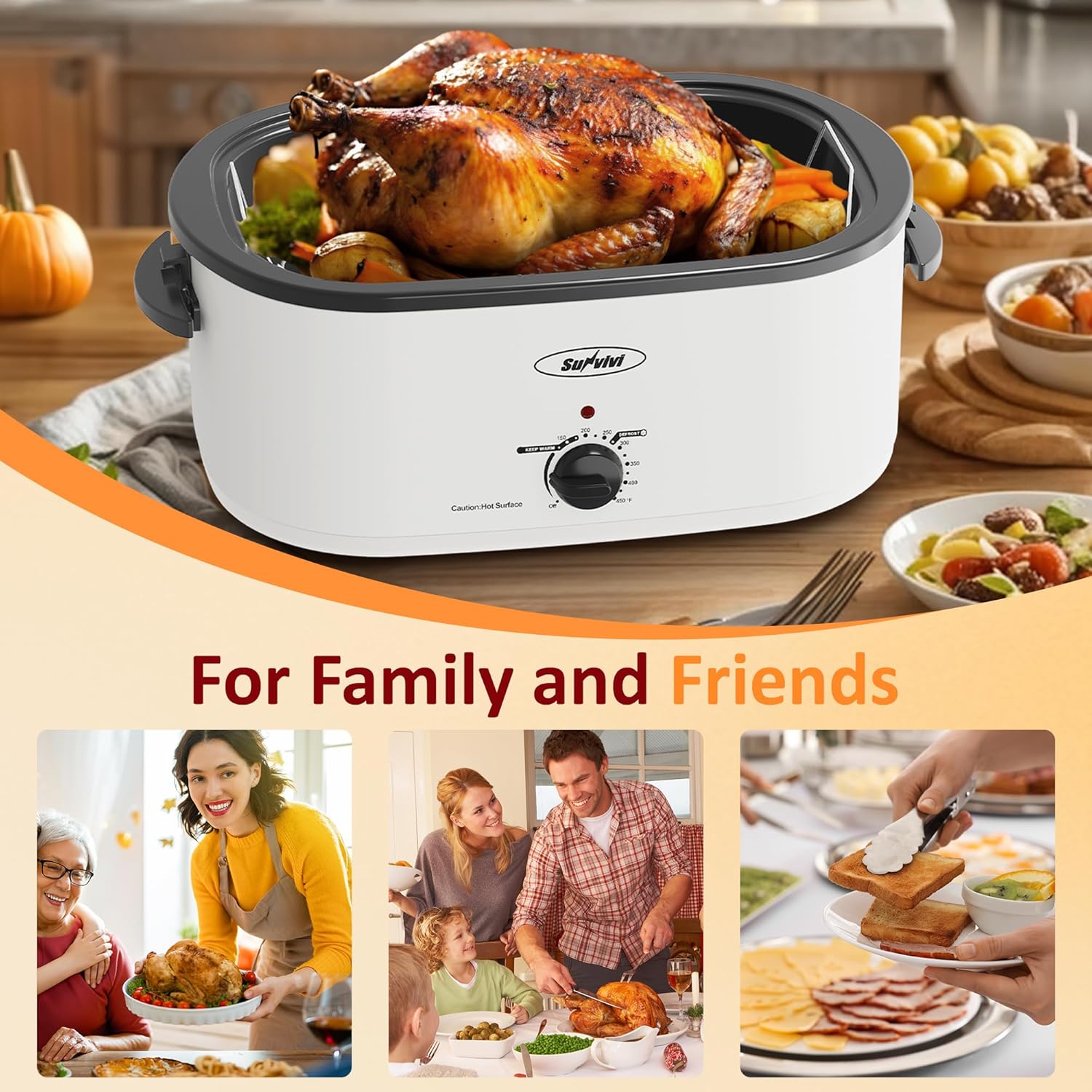 Sunvivi 24 Quart Electric Roaster Oven with Visible Self-Basting Lid, Turkey Roaster Oven with Removable Pan and Rack, Perfect for Large Meals and Holiday Feasts, White
