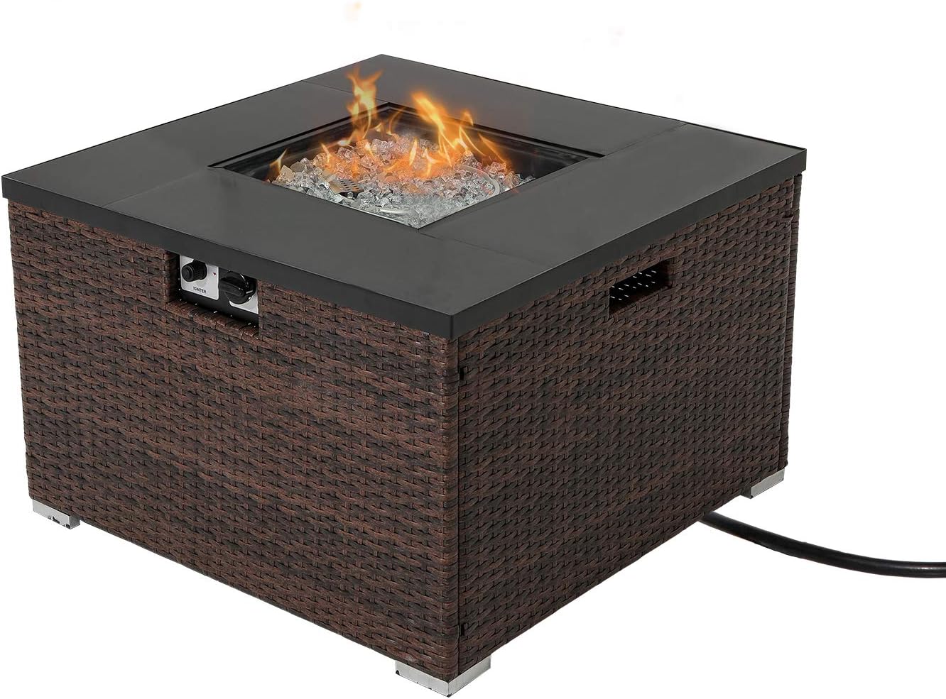 Outdoor Propane Fire Pit 32-inch Square Espresso Brown Wicker Fire Table Square