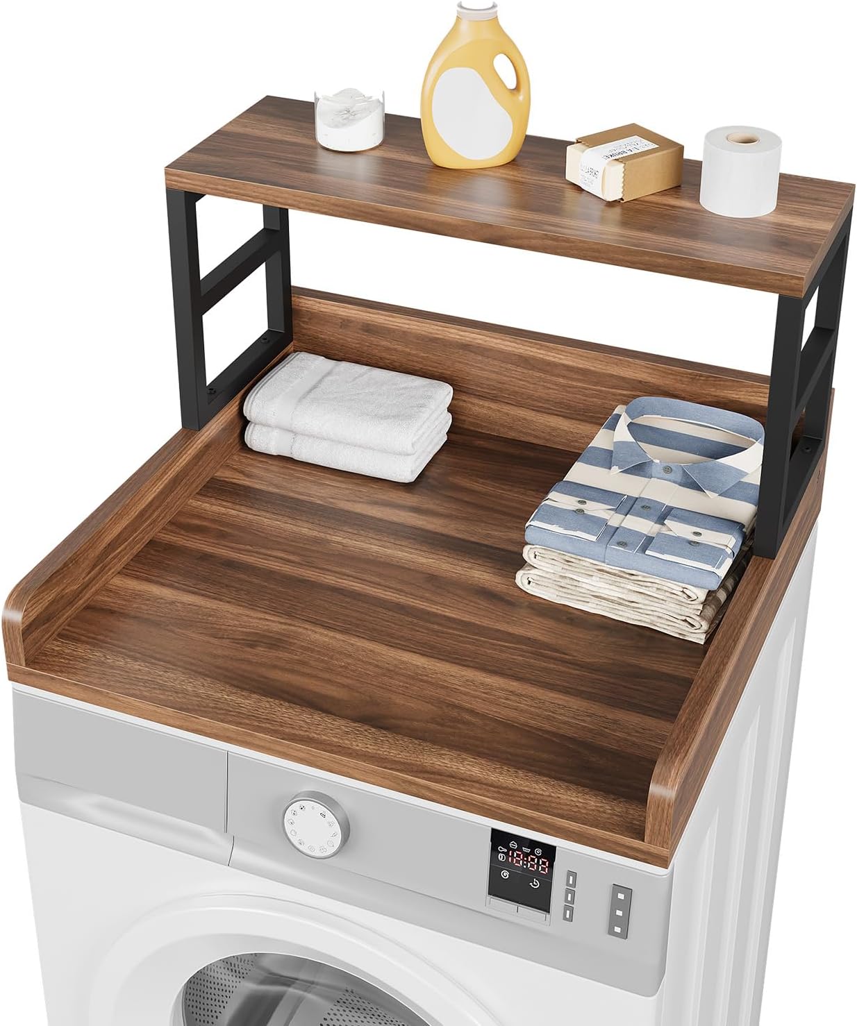 Washer Dryer Countertop with Shelf, 27.5″D x 27.5″W x 16.7″H, Countertop for Washer and Dryer Top with Non-Slip Pads and Edge Rails, Laundry Room Storage and Organization(Walnut)