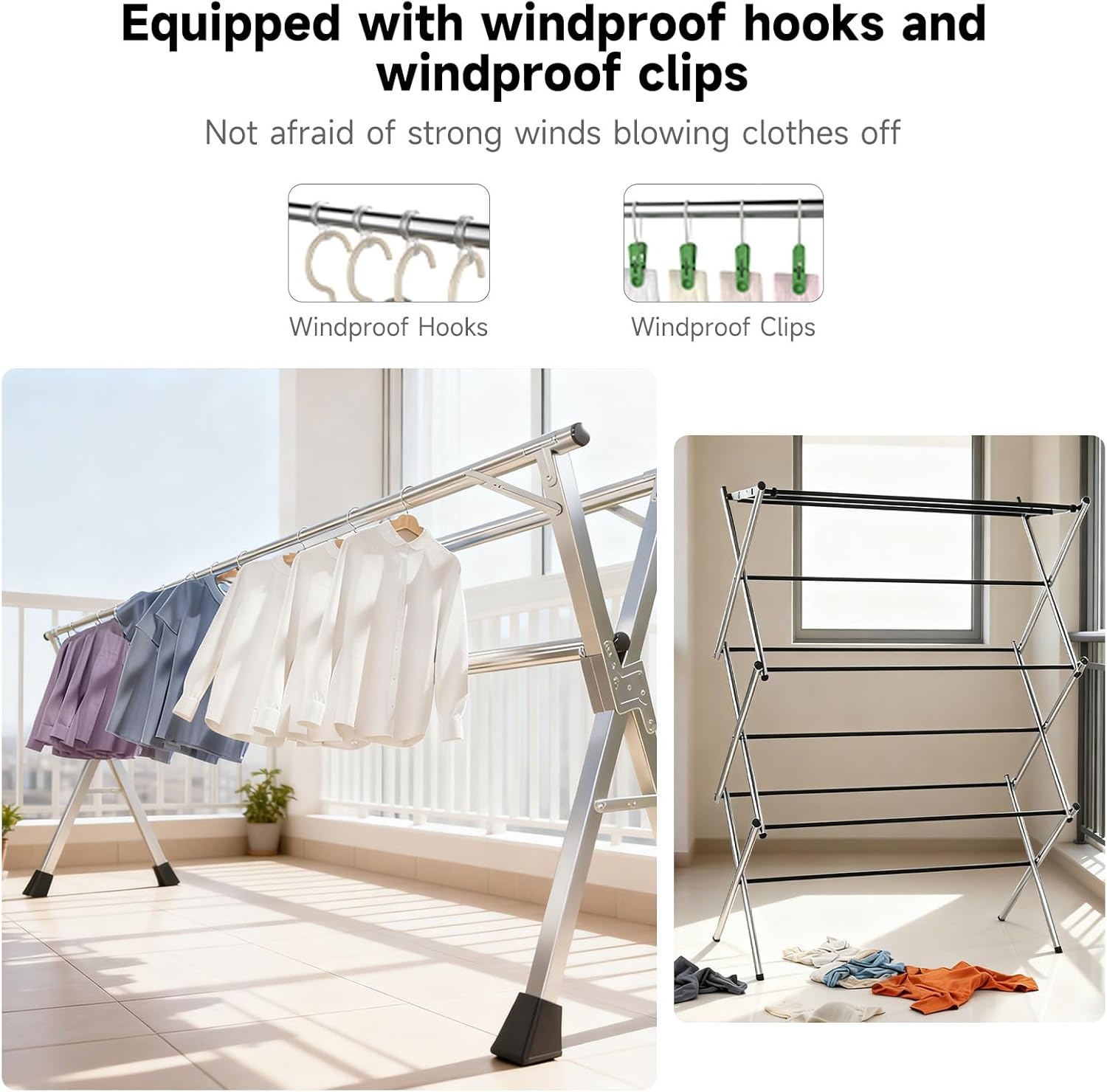 MIKEE 79-Inches Clothes Drying Rack,Foldable Laundry Drying Rack Clothing for Indoor/Outdoor，Length-Adjustable Clothes Rack，Space-Saving,with 20 Windproof Hooks
