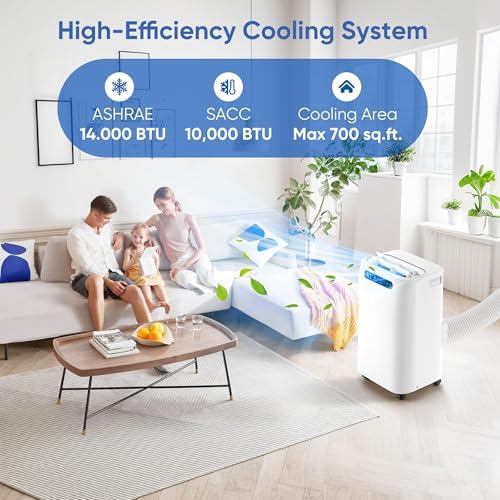 14000 BTU Portable Air Conditioners,Cools Up to 700 Sq.Ft,Portable AC Unit with Remote Control,Cooling,Fan,Dehumidification,Sleep Mode& Installation Kits for Large Rooms,White