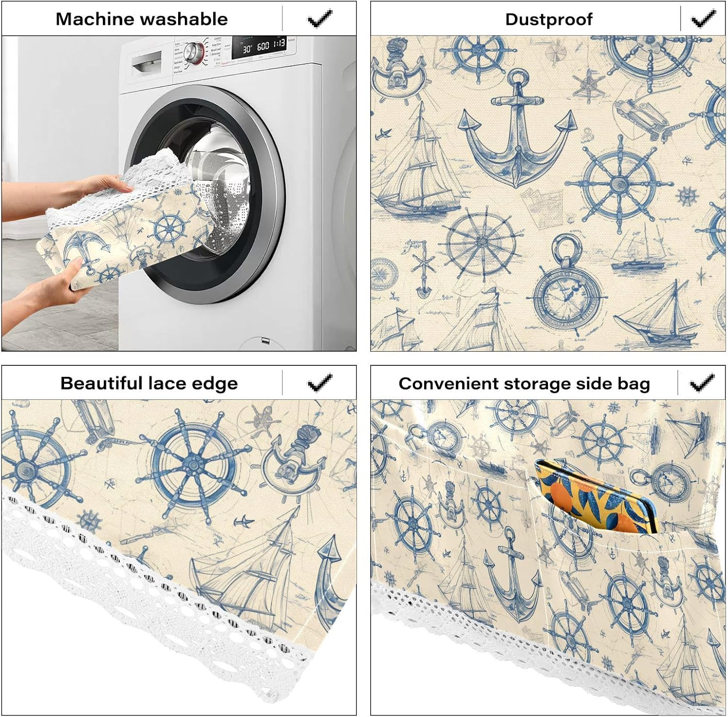 Life Buoy Ocean Rudder Gold Beige Blue lace edge Washing Machine Top Cover with side bag sturdy Washing Machine Protective Cover for Laundry Room Kitchen 51.2x22in