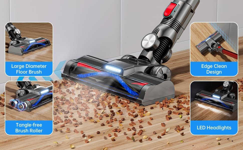 Cordless Stick Vacuum, Red, 45 Min Runtime, LED Headlights, 2-Speed, Telescopic Tube with Main Vacuum Brush, Crevice Tool, dust Brush, Removable-Rechargeable Battery Pack with Charging Cord