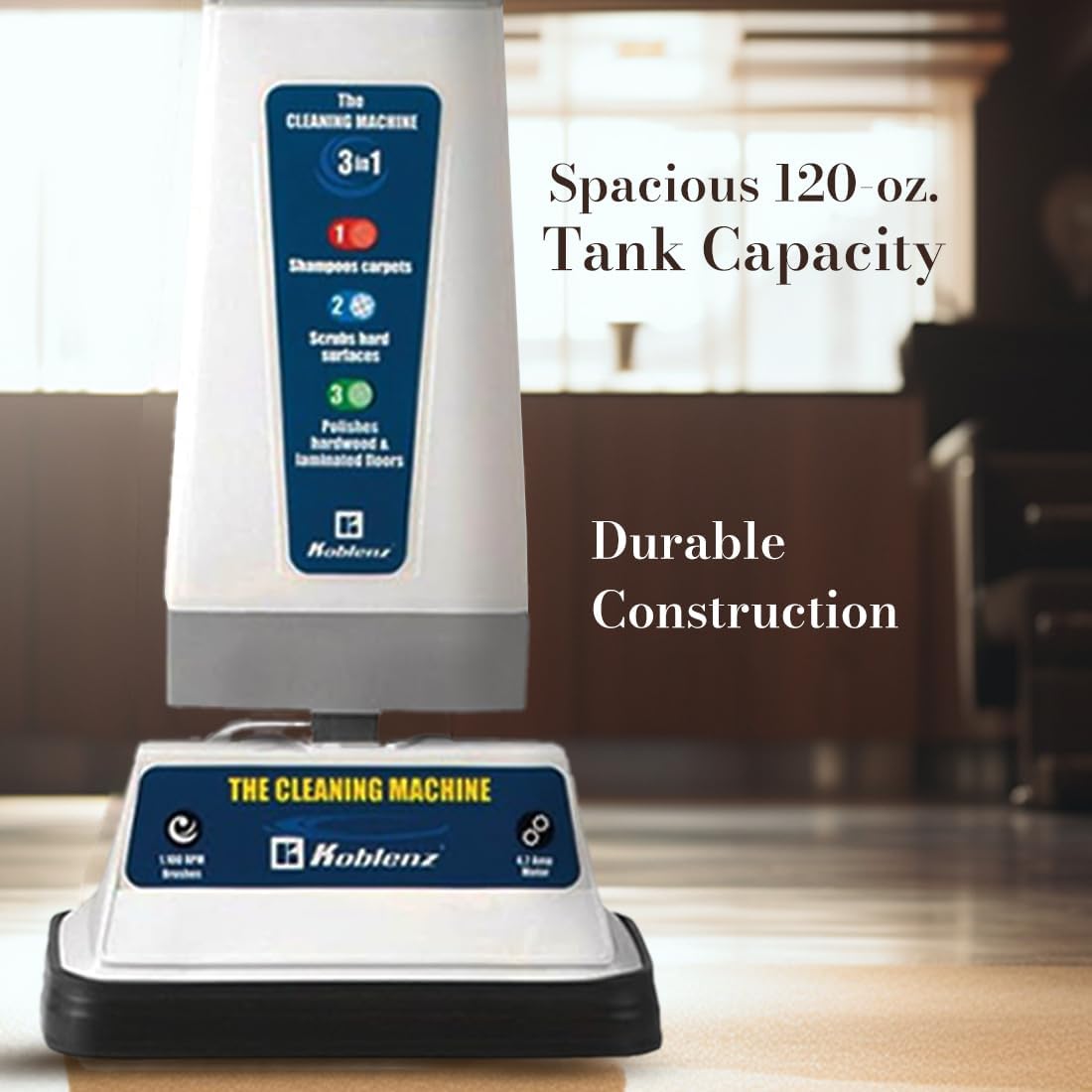 Koblenz Shampooer and Polisher Cleaning Machine, Floor Cleaner with 1100-rpm Motor, 5' Power Cord, 120-oz Tank, 2-Speed Settings, Scrubbing Brushes, Lambswool Pads, and Polishing Pads, P-820 B