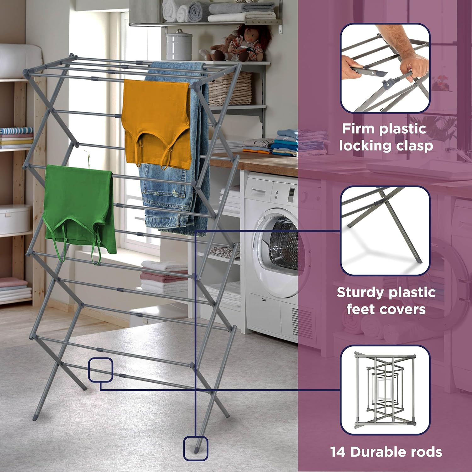 BLACK+DECKER 4-Tier Expandable Collapsible Clothes Drying Rack, Telescopic Height, Foldable Space-Saving Laundry Air Dryer for Towels, Shirts & Delicates – Durable Steel, No Tools Needed