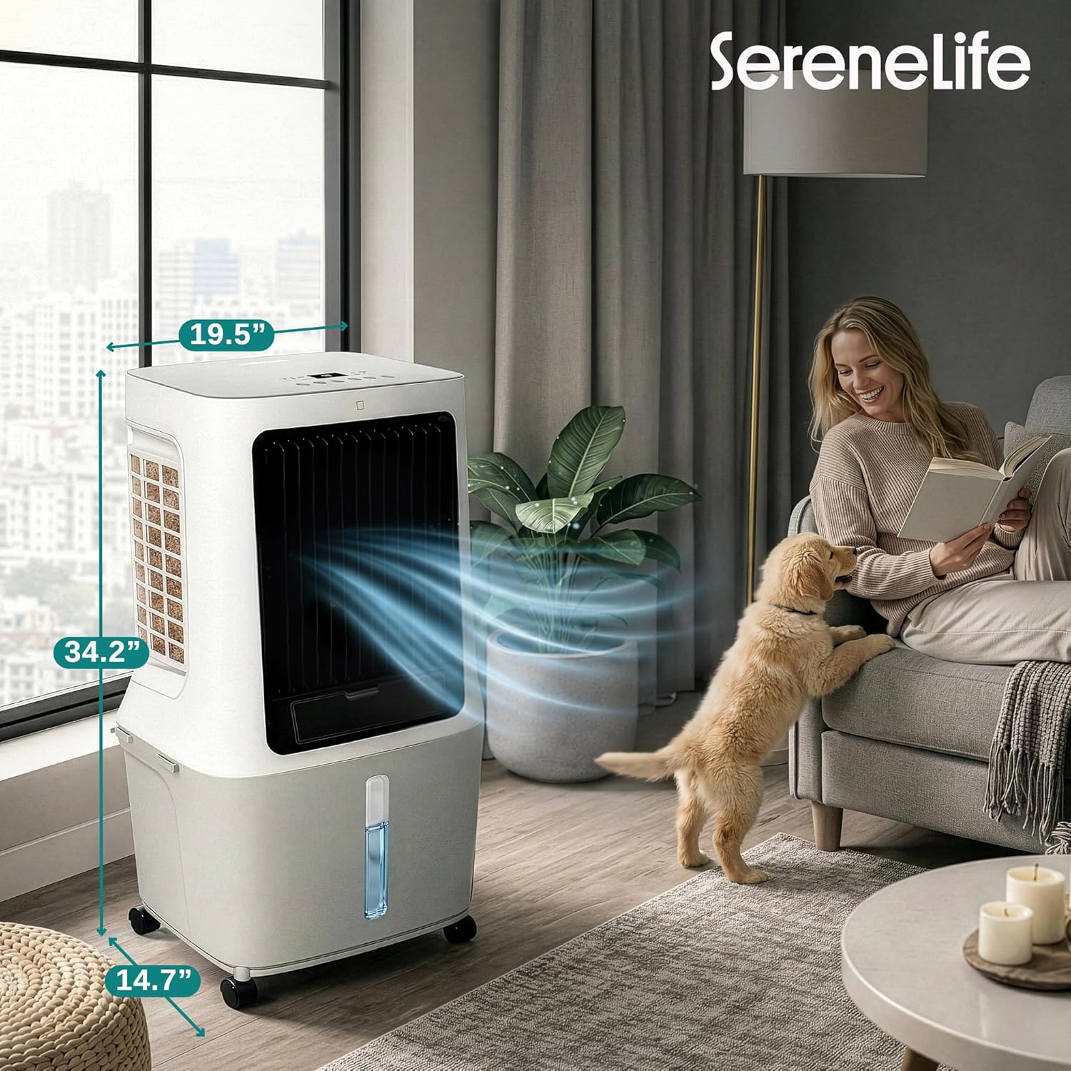 SereneLife Portable Swamp Cooler Air Conditioner - 2500 CFM Airflow, 8 Gallon Water Tank Portable Evaporative Air Cooler for Room & Outdoors, WiFi, Humidifier & Fan Modes, Ice Packs & Remote Included