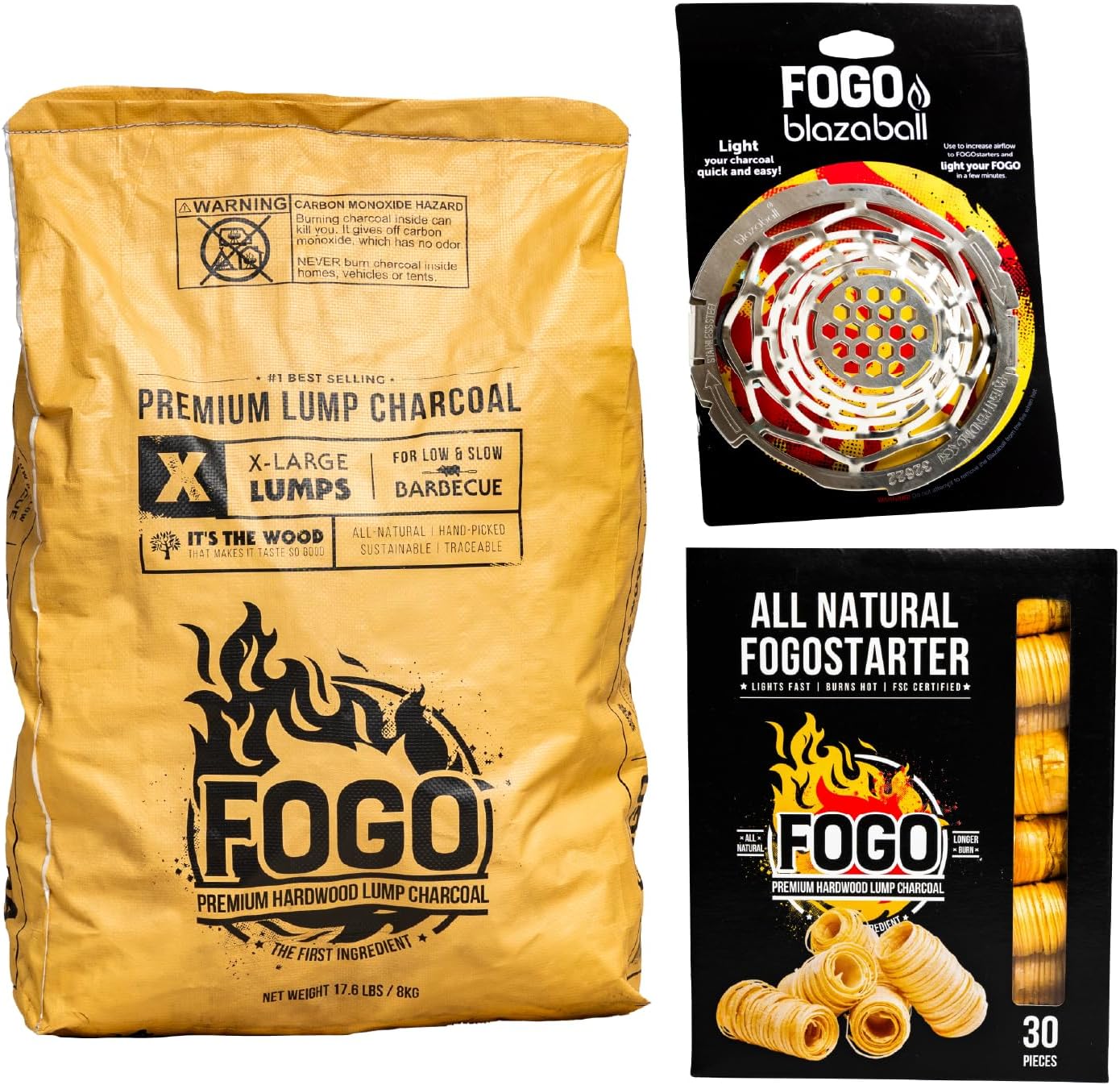 FOGO Super Premium Hardwood Lump Charcoal 17.6 Pound Bag, Fogostarters Natural Fire Starters and Blazaball Bundle
