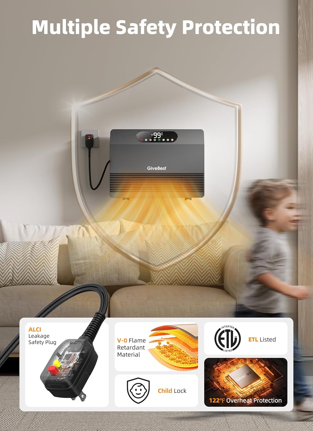 GiveBest Smart Wall Heater, 1500W Fast Heating Space Heater for Bedroom, Electric Space Heater with Thermostat for Indoor Use, Easy Wall Mounted, On/Off Timers, Compatible with Alexa, ALCI Plug, Grey