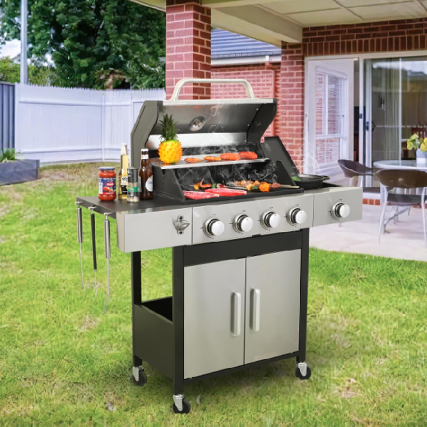Propane Grill 4-Burner BBQ with Griddle Grill Combo, 46,790 BTU Outdoor Griddle, Stainless Steel Construction, Enamel Cast Iron Cooking Grids, Side Burner & Easy Ignition, Thermometer, Bottle Opener