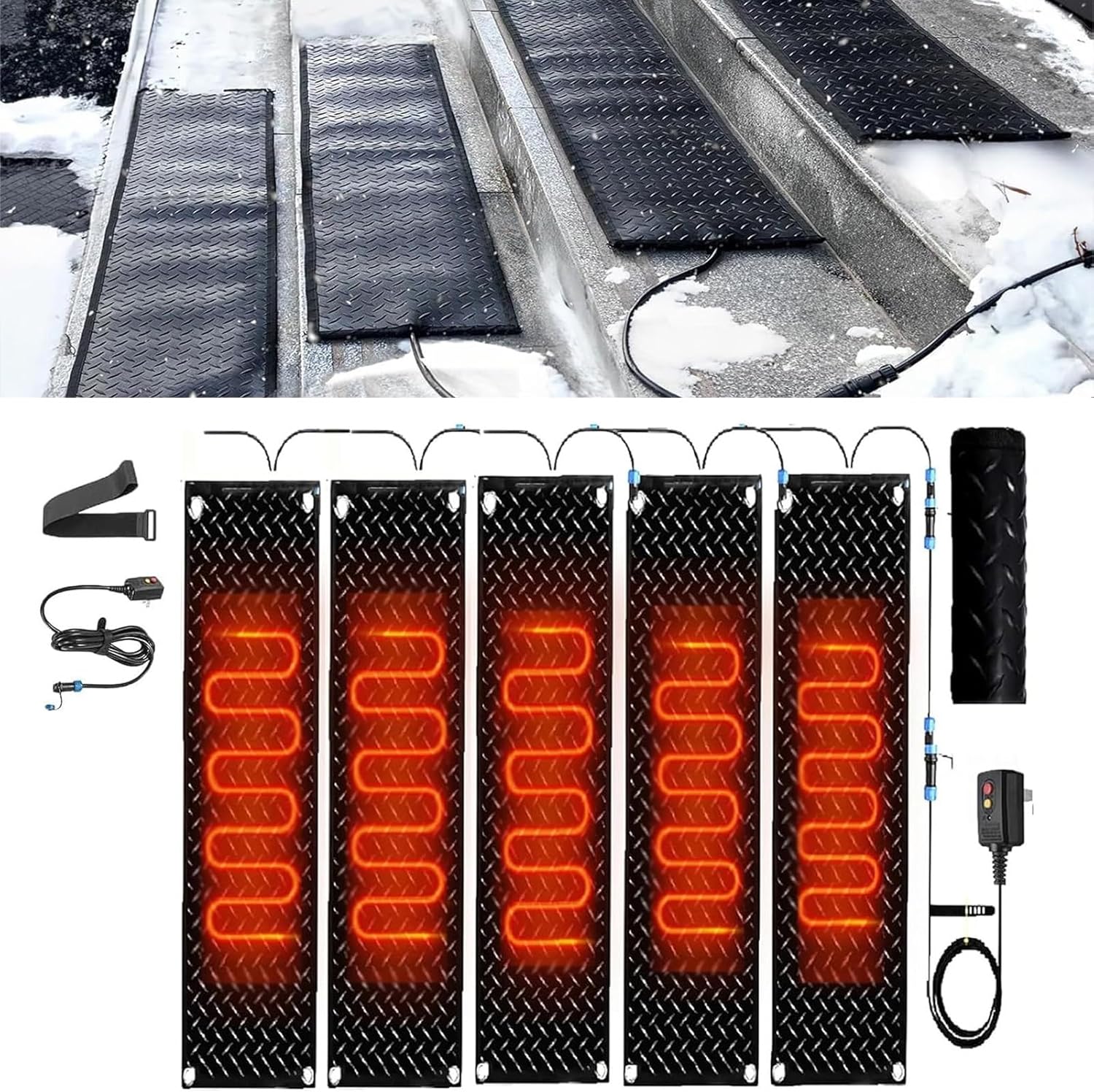Snow Melting Mat - 2 in/h Melting Speed for Winter Outdoor Use, Anti-Slip, Waterproof, with Power Cord and Connecting Line(40x120cmx5Pcs)