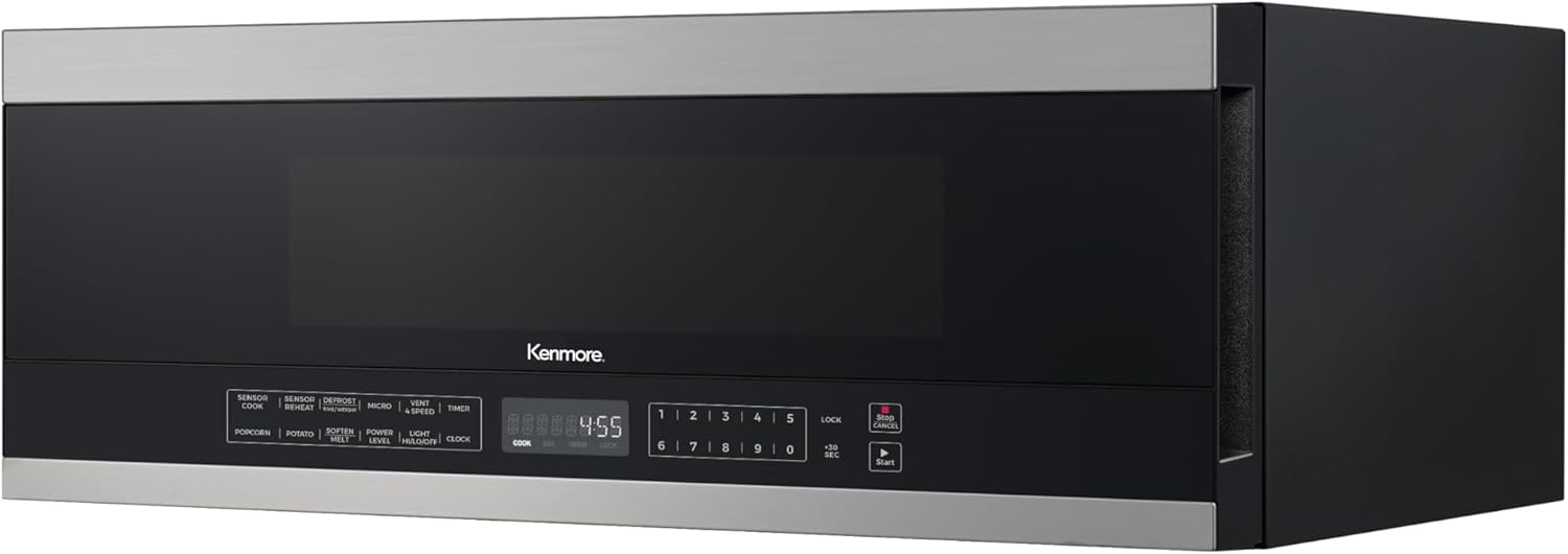 Kenmore KMOMJK12S2SW-10 Low Profile Over The Range Microwave Hood Combination Steam & Sensor Cooking, 11 Power Levels, 1.2 Cu Ft, Stainless Steel