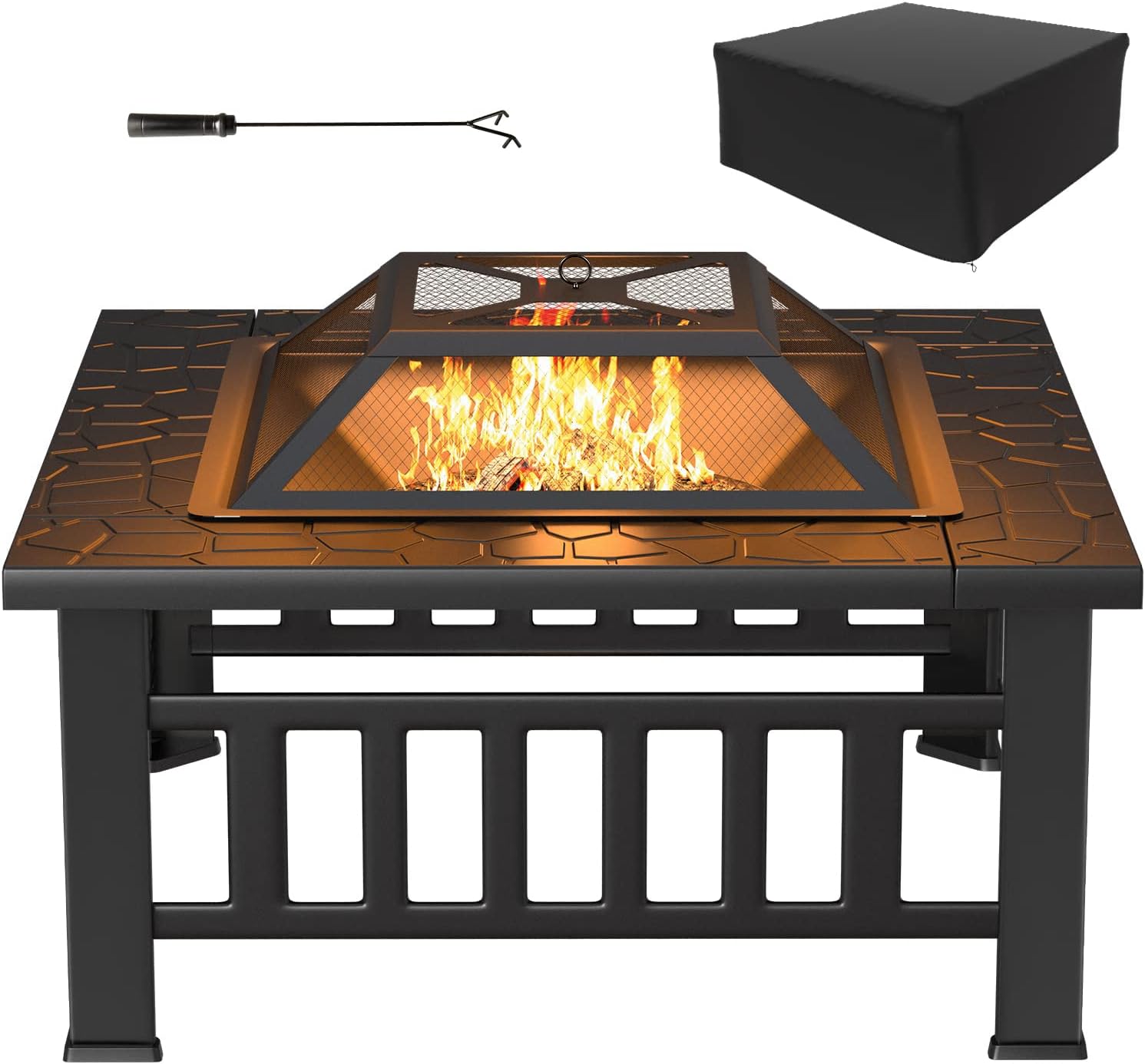 Tuoze 32-inch Fire Pits Outdoor Patio Metal Multifunctional Firepit Table with Waterproof Cover for Camping Bonfire Party Picnic BBQ Backyard Garden Outside Heating,black