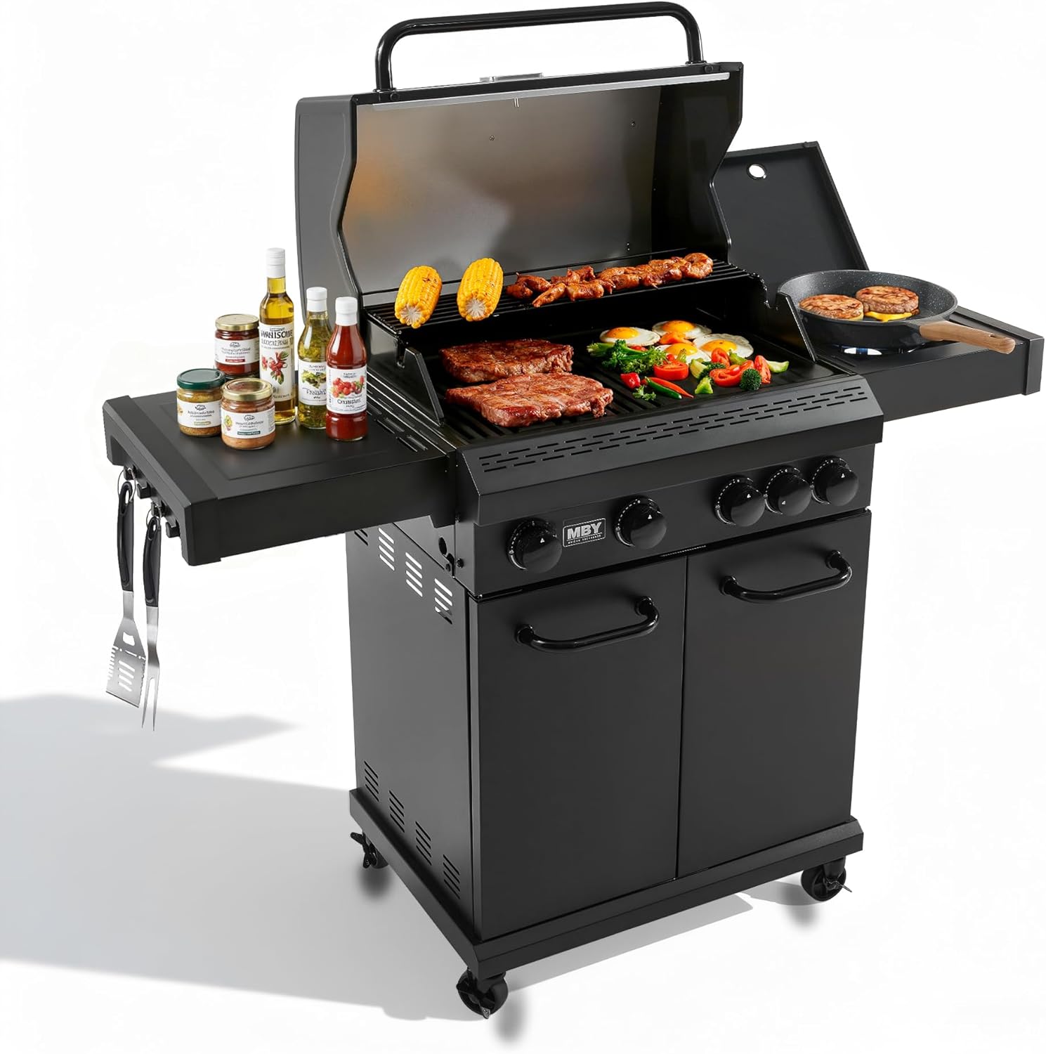 4 Burner Propane Grill,50000 BTU BBQ Grill with Side Burner and Enameled Cast Iron Grates,Visible Window Gas Grill with Wheels for Outdoor Cooking, Patio, Garden Barbecue Griliing