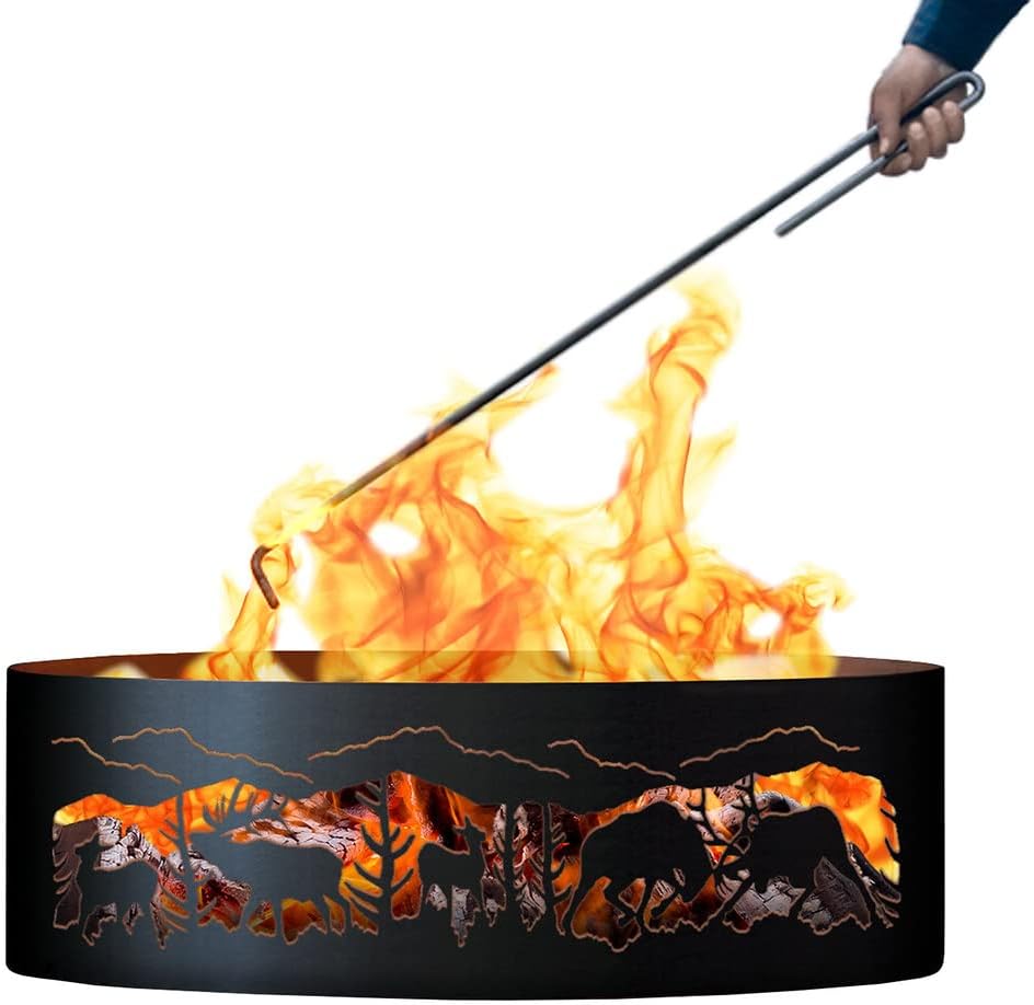 PD Metals FER00630-FP Fighting Elk Unpainted 12 in. Tall 30 in. Diameter Outdoor Fire Ring with Fire Poker - 30 x 30 x 12 in. - Rustic Black Color