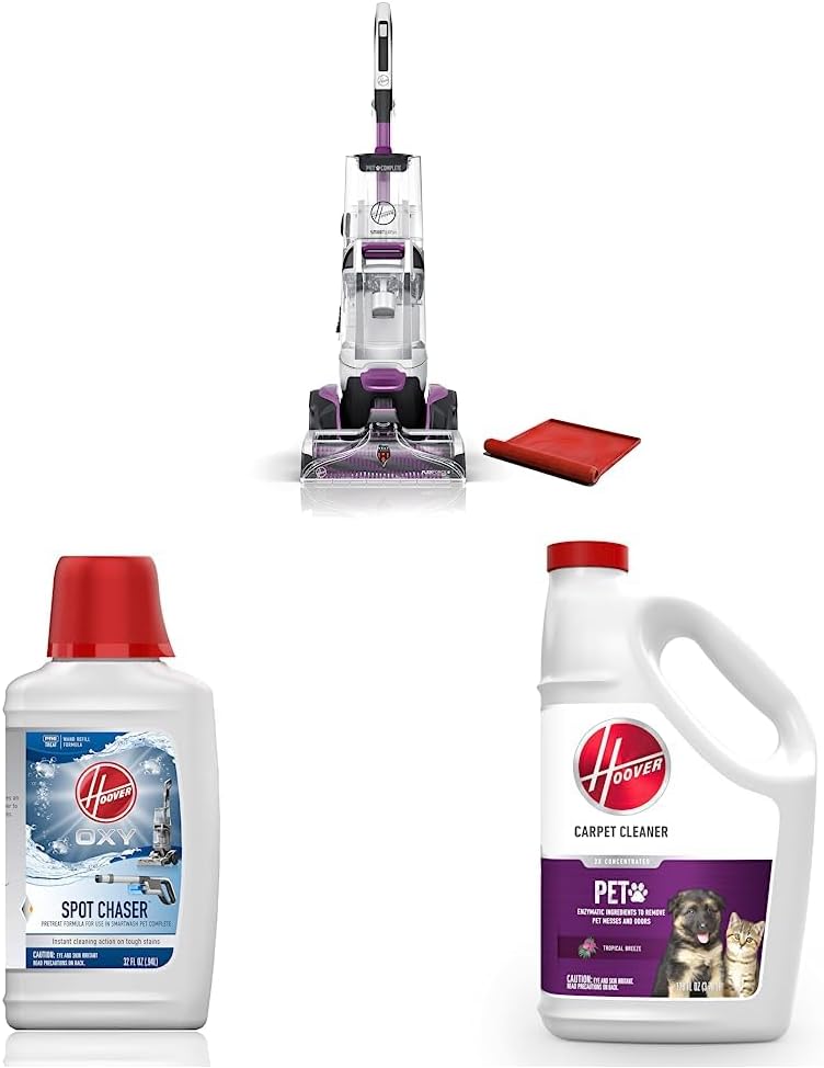 Hoover SmartWash Automatic Carpet Cleaner Spot Chaser Stain Remover Wand, Purple, Large & Oxy Spot Chaser Refill, 32 oz, AH31604, White & Pet Carpet Cleaning Solution, White, 128 fl oz
