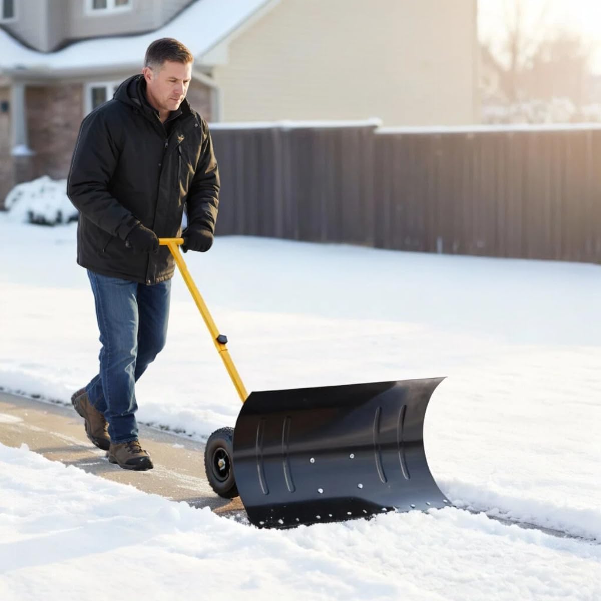 Snow Pusher Shovel with Wheels, 29 Inch Wide Blade for Driveway Snow Removal, Adjustable Handle and Blade Angle (Yellow)