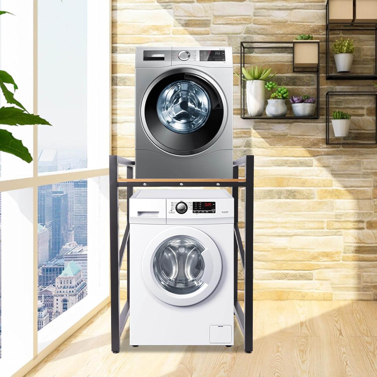 Washer Dryer Stacking Rack Stand, Height Adjustable Heavy Duty Washing Machine Shelf with Top Guardrail and Feet, 661.39 lbs Capacity, Washer & Dryer Storage Shelf for Bathrooms, Laundry Rooms