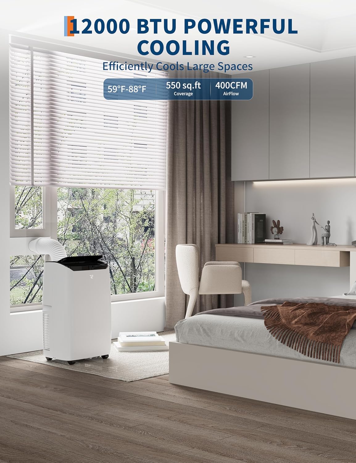 Portable AC Unit for Bedroom, 14000 BTU Air Conditioner for Rooms up to 750 Sq.Ft, 3-in-1 Energy Efficient AC Unit for Room with Fan, Dehumidifier 24H Timer & Remote Control, Black Top