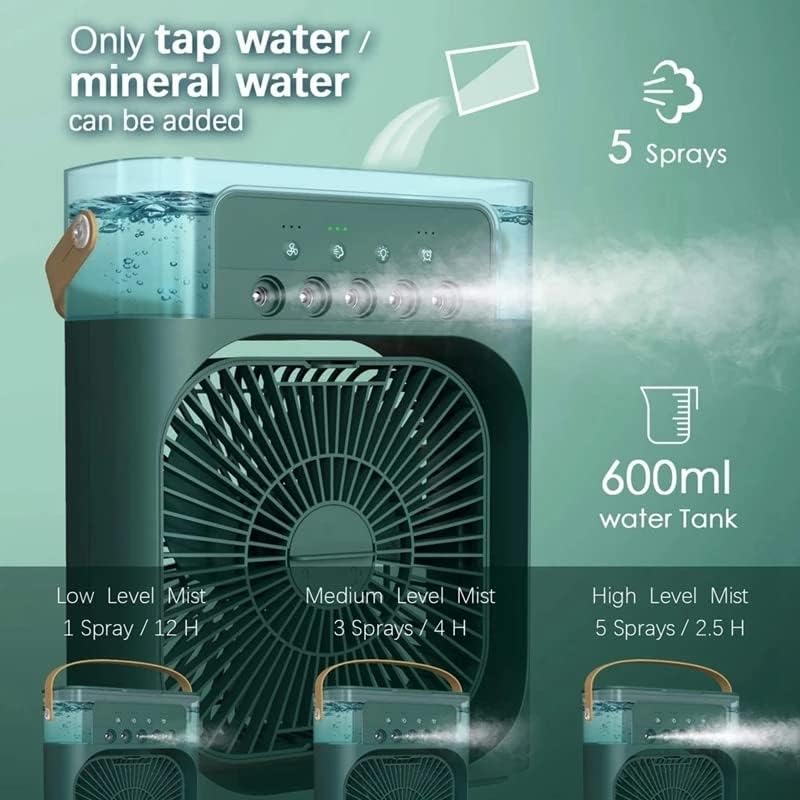 Mini Portable Air Conditioner, Usb Evaporative Cooler, 3 Speed Adjustment, 7 Color Led Humidifier, Office And Outdoor Dual Use (Green)