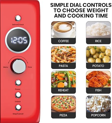Total Chef Retro Microwave Oven | 20L / 0.7 Cu Ft | Quick Start & Defrost By Weight/Time | 8 Pre-set Cooking Modes For Coffee, Rice, Pasta, Potato, Reheat, Fish, Pizza, Popcorn | 700W | Red