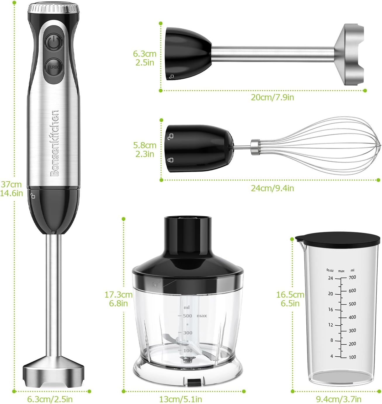 Bonsenkitchen 4-in-1 Immersion Blender Handheld, 20 Speeds Hand Blender with Turbo Mode, Stainless Steel Blade, Egg Whisk, Beaker & Chopper Bowl, Stick Mixer for Soup, Smoothie, Puree, Baby Food