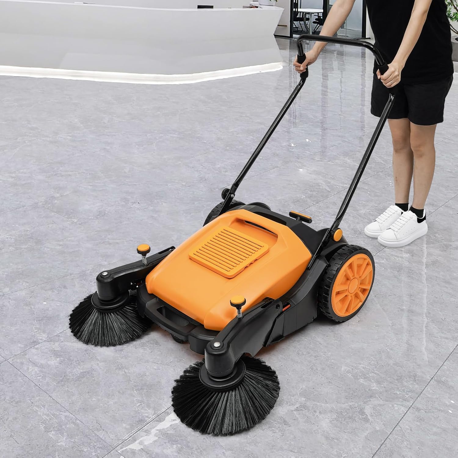 Walk-Behind Outdoor and Indoor Hand Push Sweeper 14.53 Gallon Capacity 41.34in Sweeping Width with Brushes,Yellow