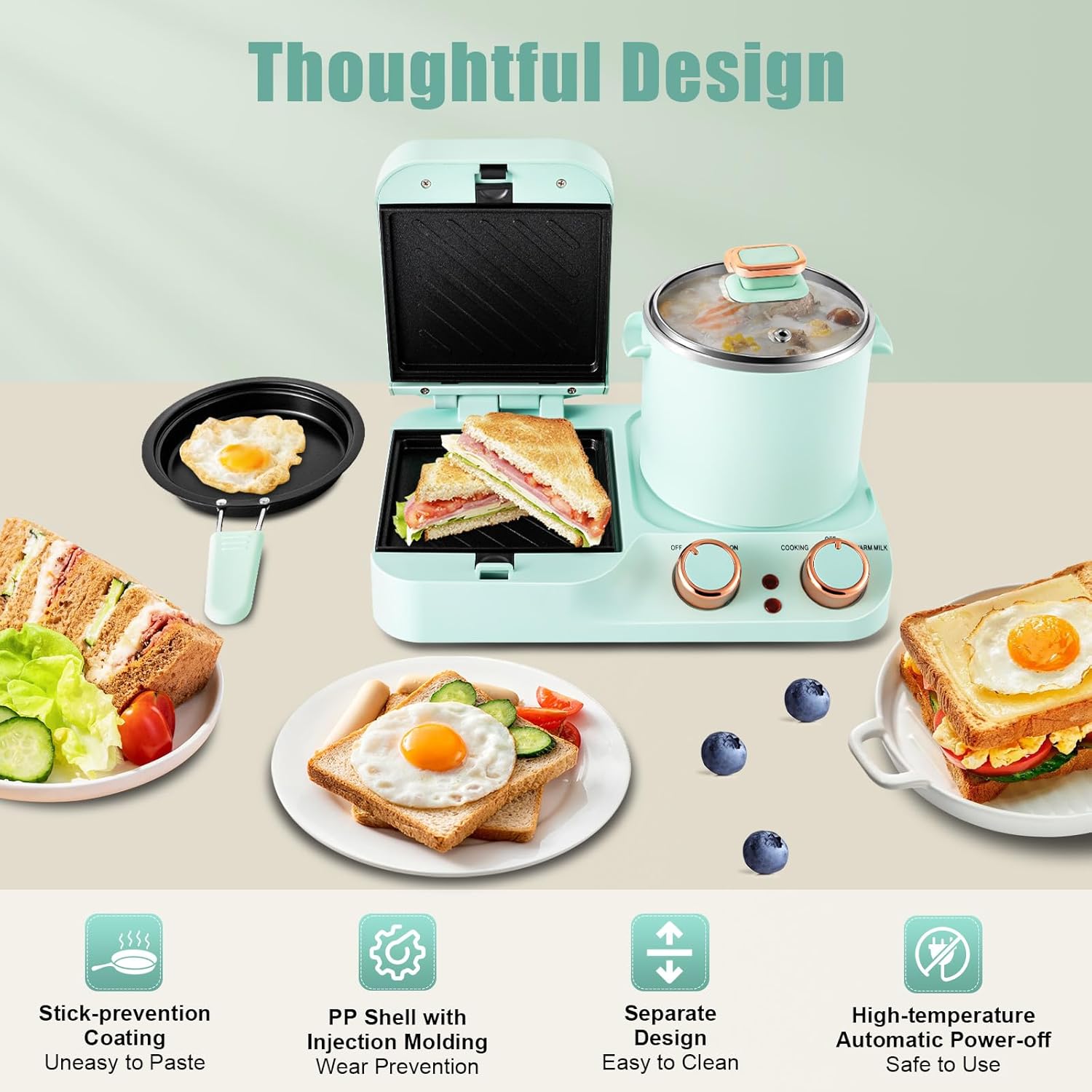 3-in-1 Breakfast Station, Electric Non-stick Mini Toaster Bread Sandwich Maker Machine & Frying Pan & Stock Pot, Multifunctional Cooking Station,Household Breakfast Appliances for Small Spaces