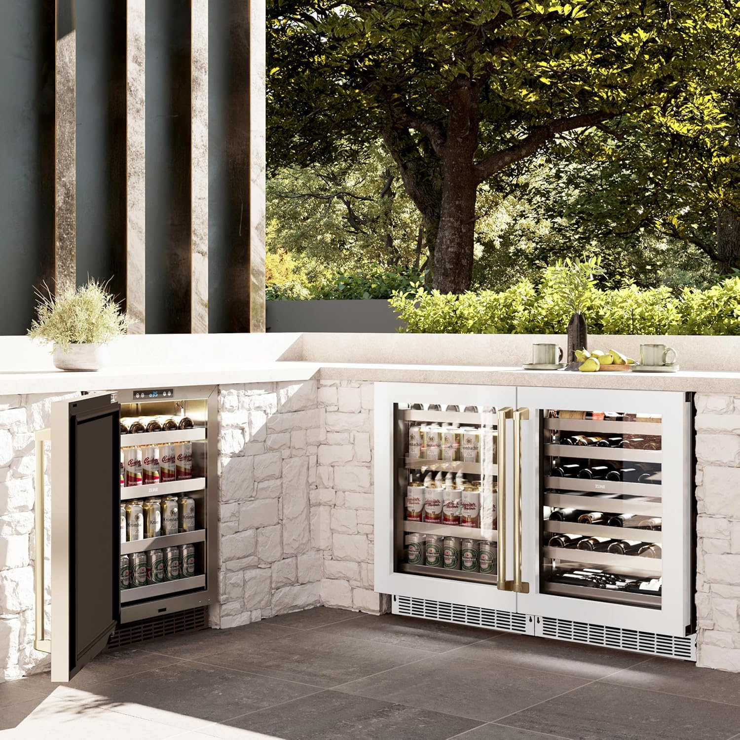 ZLINE Autograph Edition 24 in. Touchstone 151 Can Beverage Fridge With White Matte Glass Door And Champagne Bronze Handle (RBSOZ-WM-24-CB)