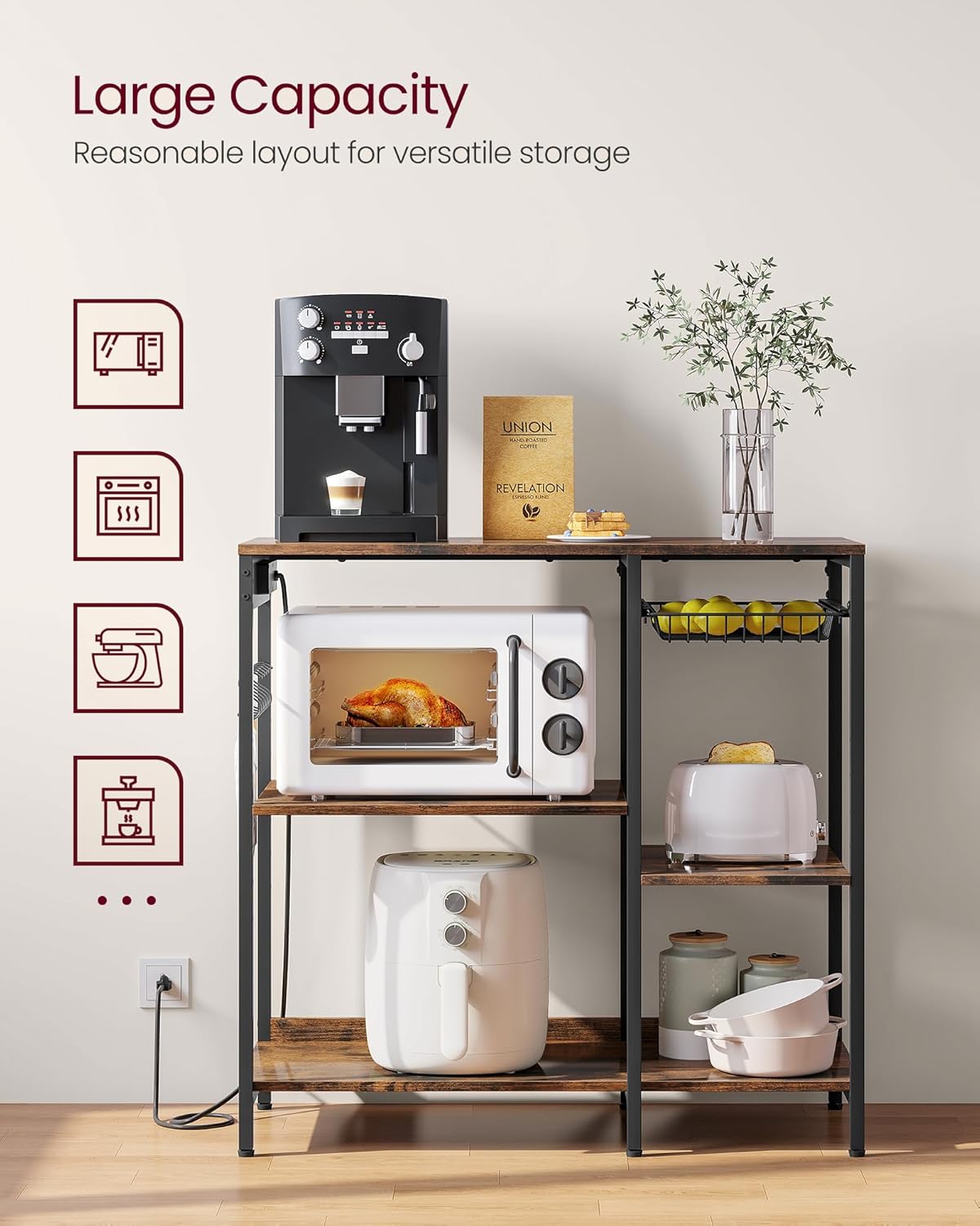 VASAGLE Baker's Rack, Coffee Bar Stand with Charging Station, 35.6 Inches Tall, Storage Shelves, Pull-Out Wire Basket, Table for Microwave, Kitchen, Rustic Brown and Ink Black UKKS036K01