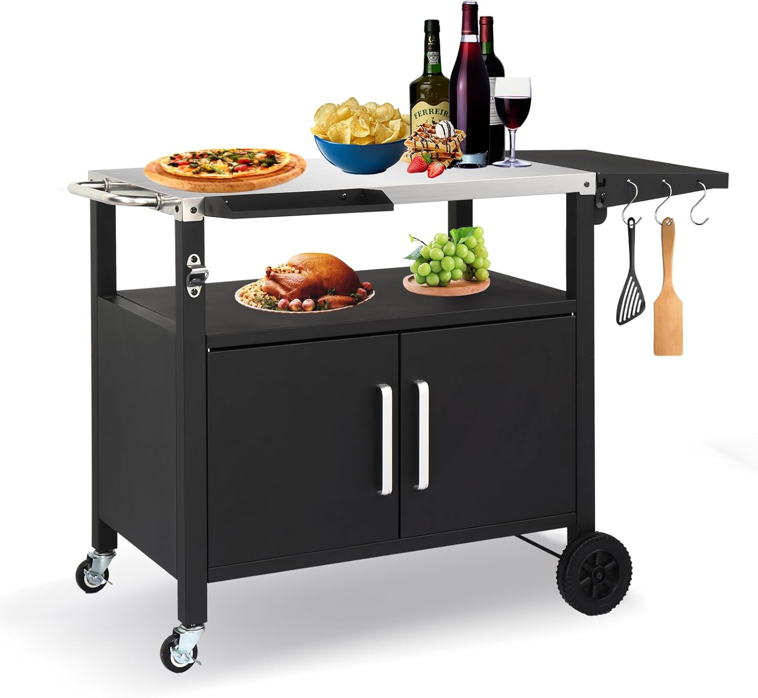 Outvita Outdoor Grill Cart with Storage, Bar Patio Kitchen Island Outdoor Grill Table, BBQ Cart Movable Pizza Oven Table Stand with Wheels, Stainless Steel Top, Side Handle & Storage Cabinet, Foldable