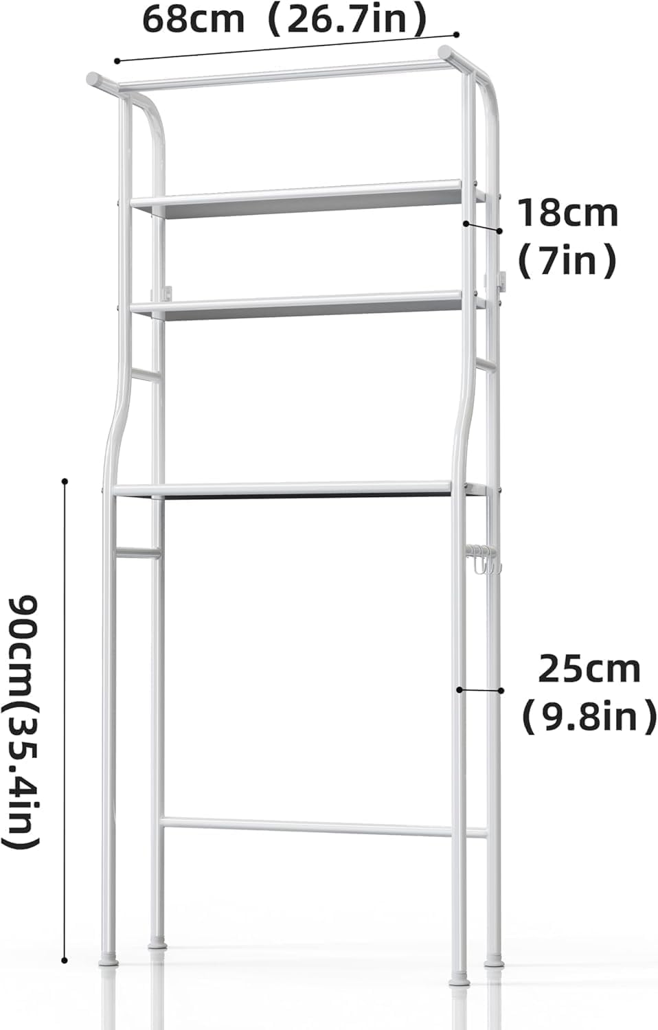 Over The Washer and Dryer Storage Shelf, 3 Tier Laundry Room Metal Drying Rack with Towels Hangers, Space Saver Organizer for Hanging Clothes and Towels (Metal White FA1)
