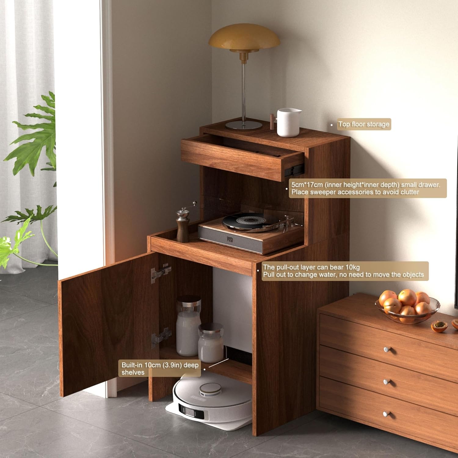 Robot Vacuum Stand Cabinet,Storage Cabinet with Doors and Drawers for Robot Vacuum Cleaner,Wood Bathroom Cabinet,Side Table for Living Room, Home Office(Dark Brown,H100cm/39.3in)