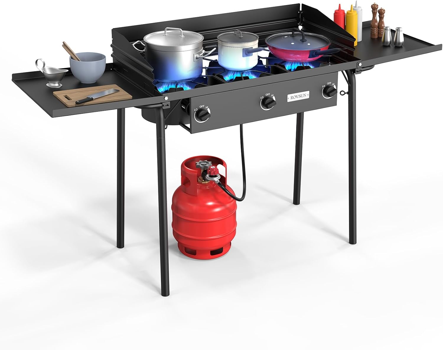 ROVSUN 3 Burner Gas Stove with 2 Side Shelves, 225,000BTU Portable Propane Stove with Removable Leg, Wind Panel, Regulator for Camping Home Backyard Outdoor Cooking Brewing Canning Turkey Frying