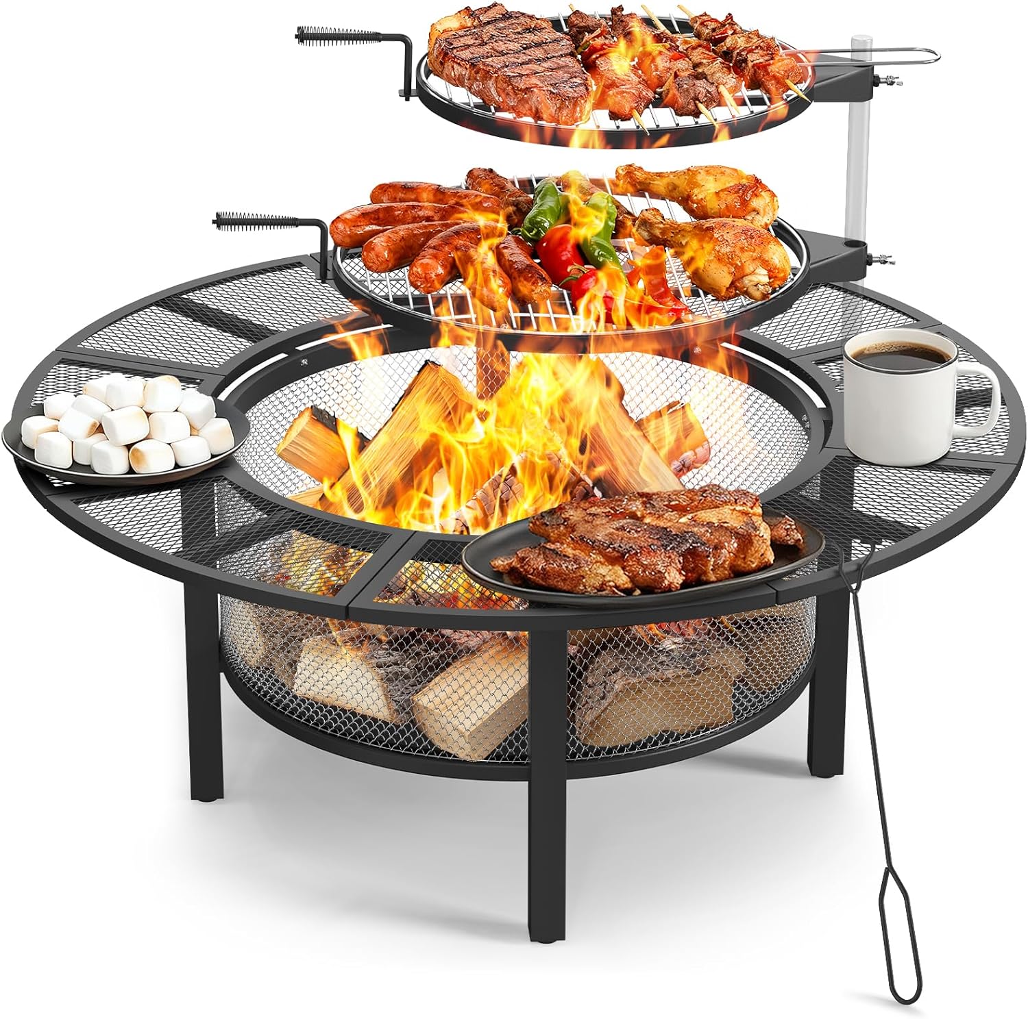 ONBRILL 2-in-1 47 Inch Fire Pit with 2 Swivel Cooking Grills, Outdoor Wood Burning Firepit with Poker for BBQ, Bonfire, Picnic, Party, Round Metal Fire Pit for Outside, Backyard, Patio