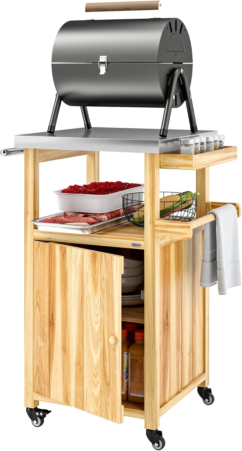 Outsunny Outdoor Grill Cart with Wheels, Stainless Steel Top, Solid Wood Outdoor Kitchen Island with Storage Cabinet, Integrated Hole, Movable Bar Cart with Spice Rack, Side Handle for BBQ, Natural