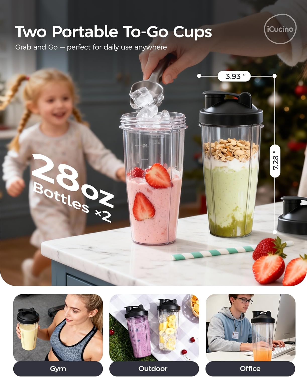 iCucina Smoothie Blender, Personal Blender for Shakes and Smoothies, 700W Pulse Technology Single Serve Blenders with 2 x 28oz Protable Cups for Ice Crush, Frozen Fruit Drinks