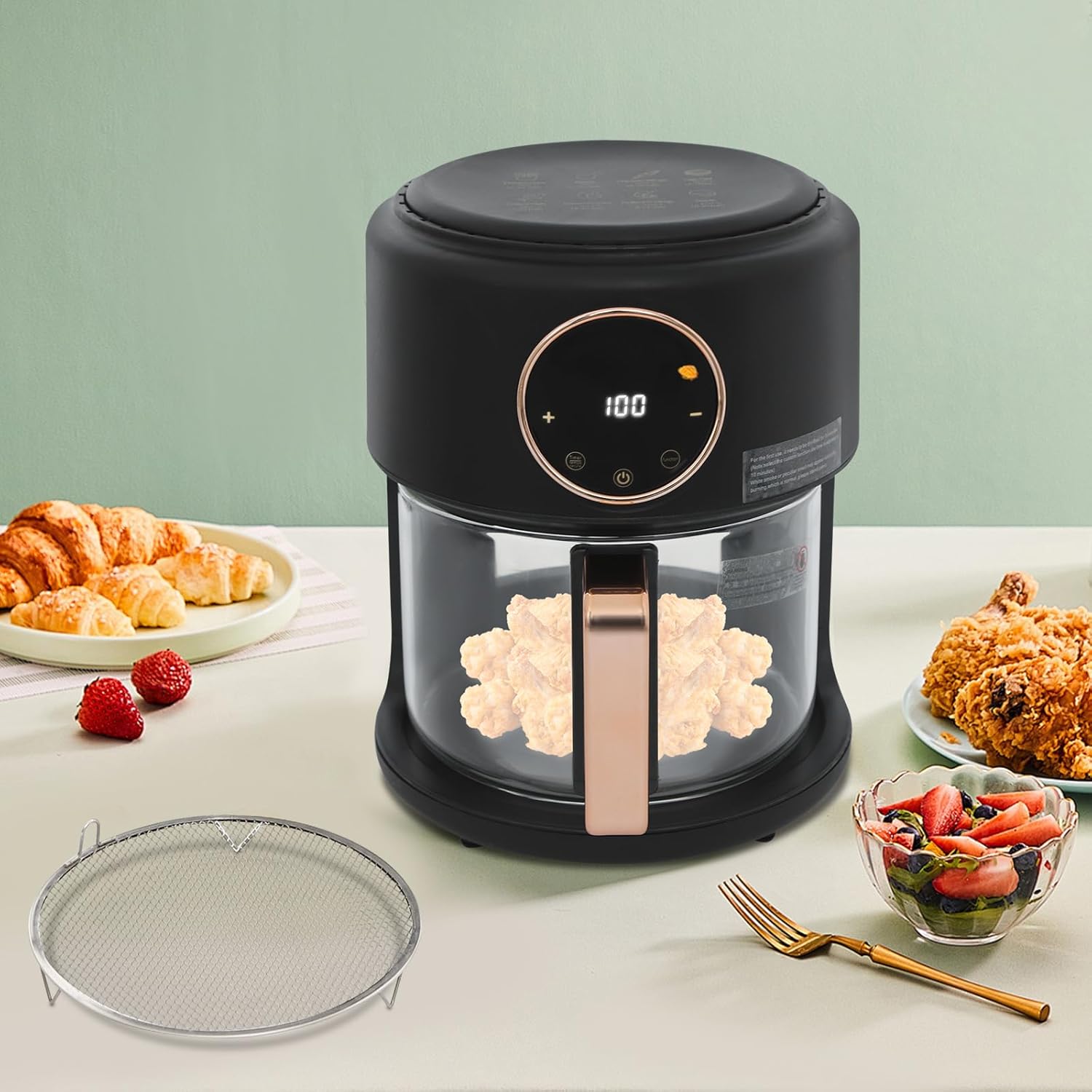 Glass Air Fryer 6-IN-1 3.8QT Air Fryer with Transparent Glass Fry Bowl Temperature Control 80℃-200℃ Adjustable Temp 60 Min Timer for Steak Fries Chicken (Black)