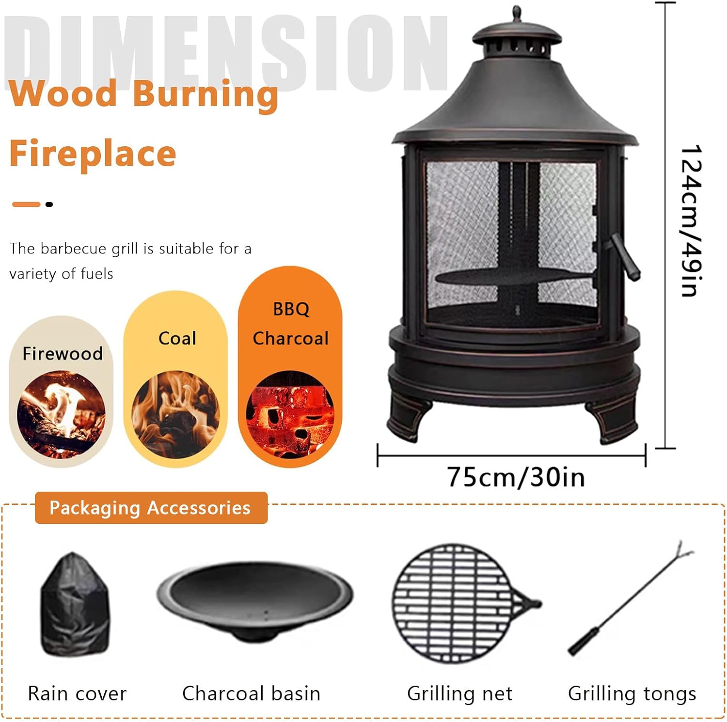 Metal Chiminea Fire Pit, Wood Burning Fire Pits with Grill, Mesh Spark Screen Doors & Fire Poker, 30 Inch Large Fire Pits for Camping, Backyard, BBQ, Garden, Bonfire