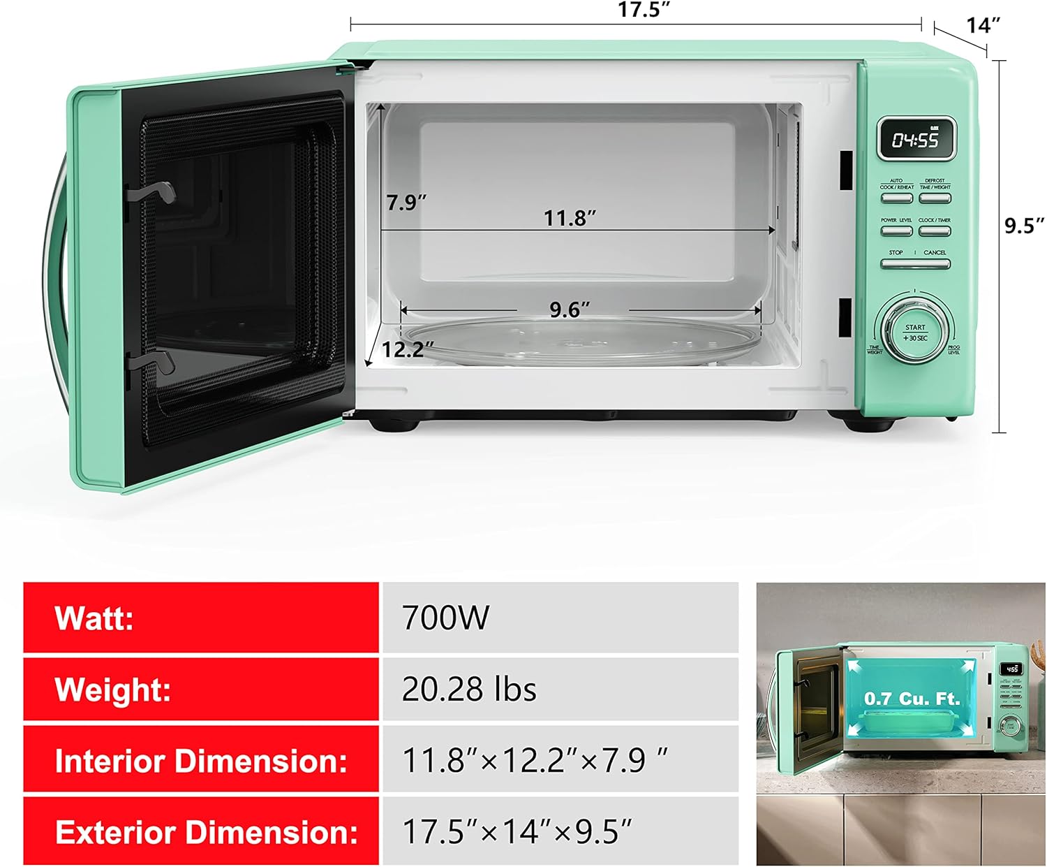 Galanz GLCMKZ07GNR07 Retro Countertop Microwave Oven with Auto Cook & Reheat, Defrost, Quick Start Functions, Easy Clean with Glass Turntable, Pull Handle.7 cu ft, Green