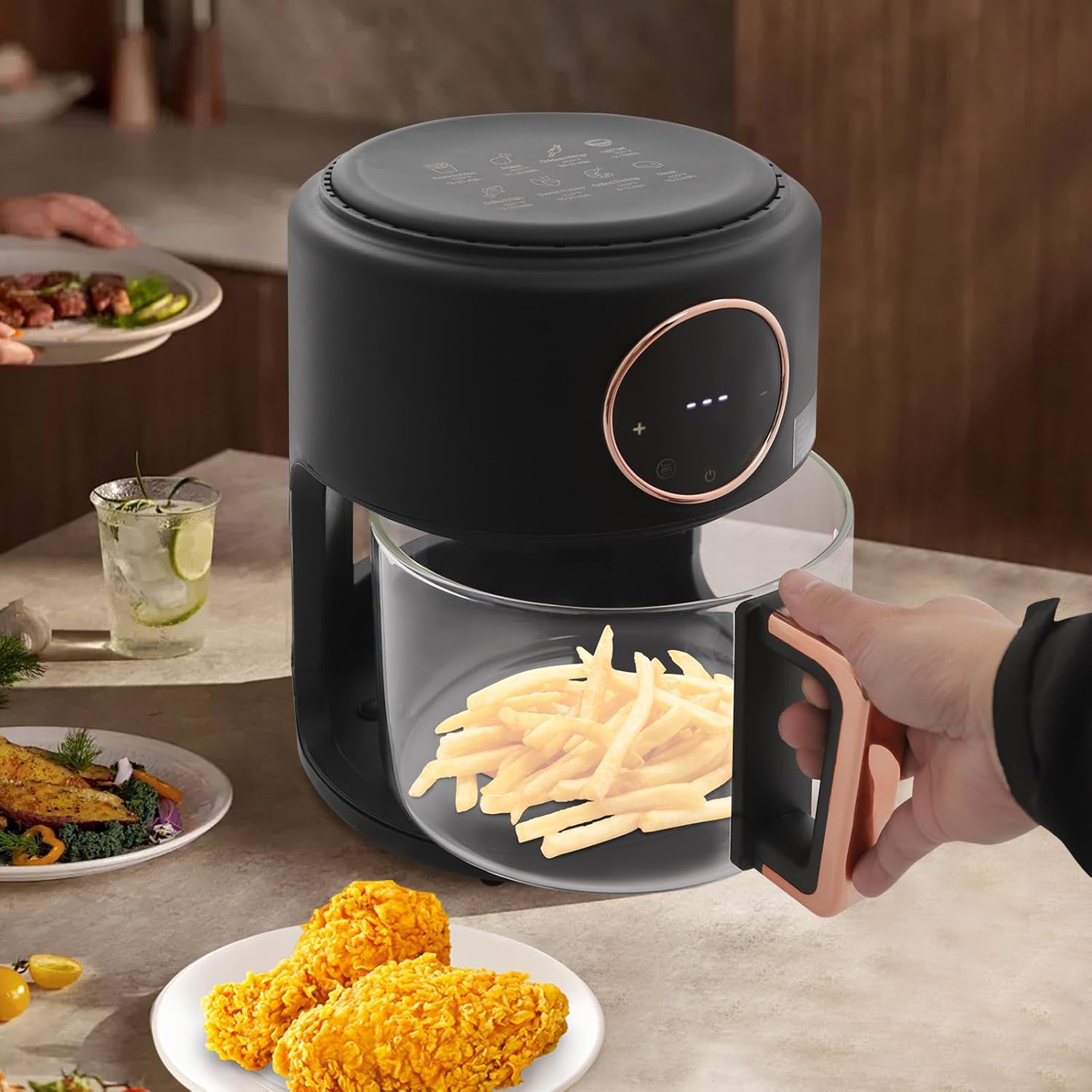 Glass Air Fryer 6-IN-1 3.8QT Air Fryer with Transparent Glass Fry Bowl Temperature Control 80℃-200℃ Adjustable Temp 60 Min Timer for Steak Fries Chicken (Black)