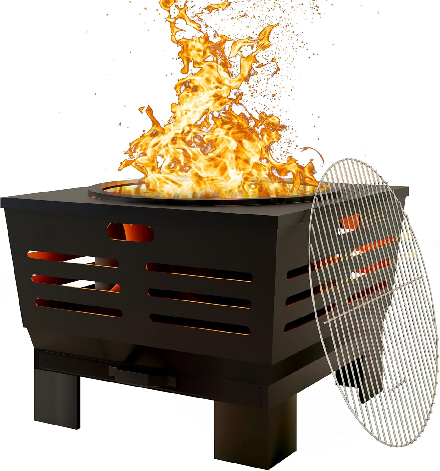 Fire Beauty Fire Pit with Stand,Smokeless Wood Burning Firepit with Ash Pan,Portable Outdoor Firepit with Cooking Grate & Poker For Camping,Backyard|L:23''xW:23''xH:17'',28.6lbs