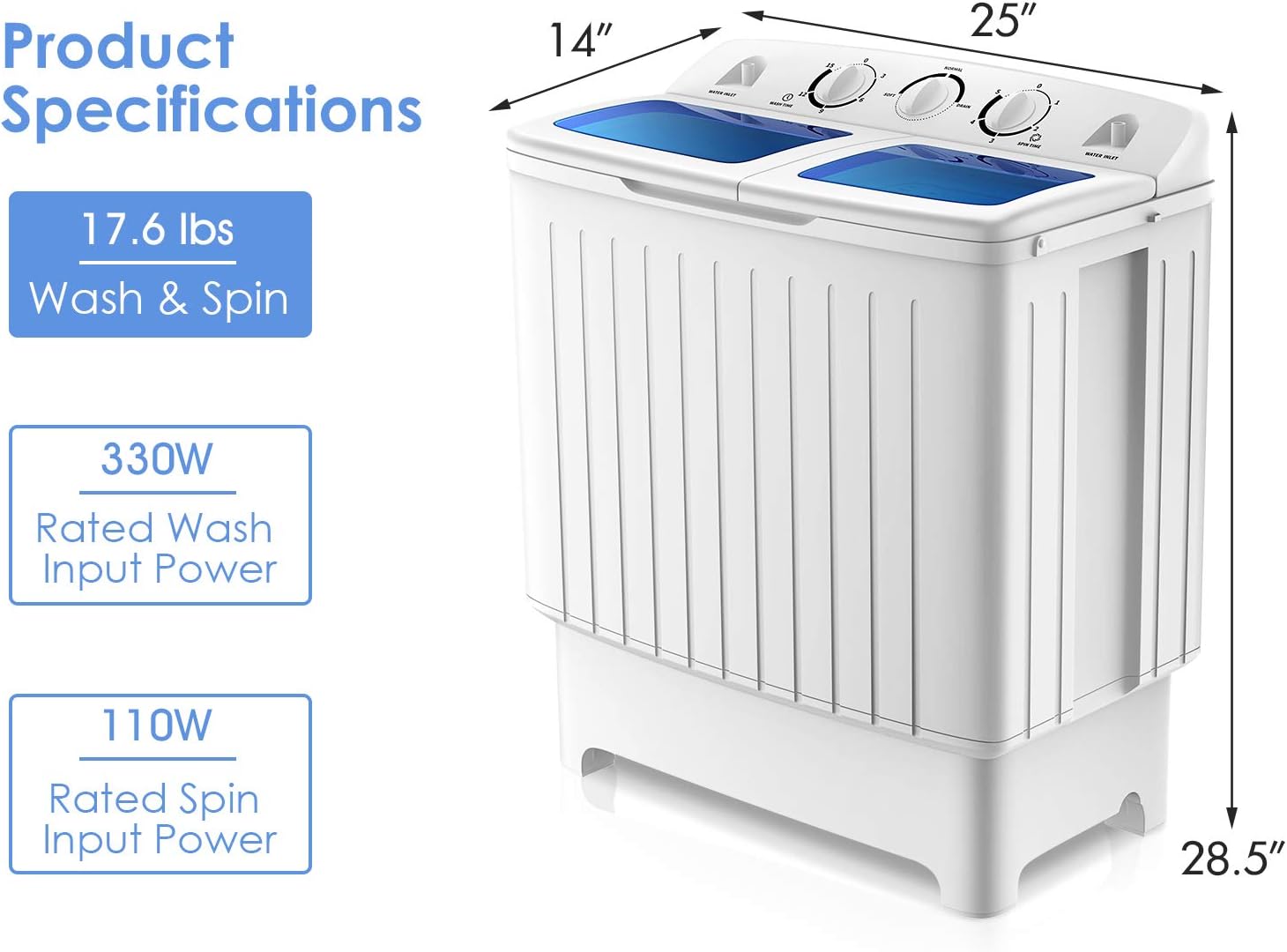 RELAX4LIFE Portable Twin Tub 20 LBS Capacity Laundry Washer & Spinner, Timer, Semi-Automatic Mini Washer and Dryer Combo for Apartment Dorm RV