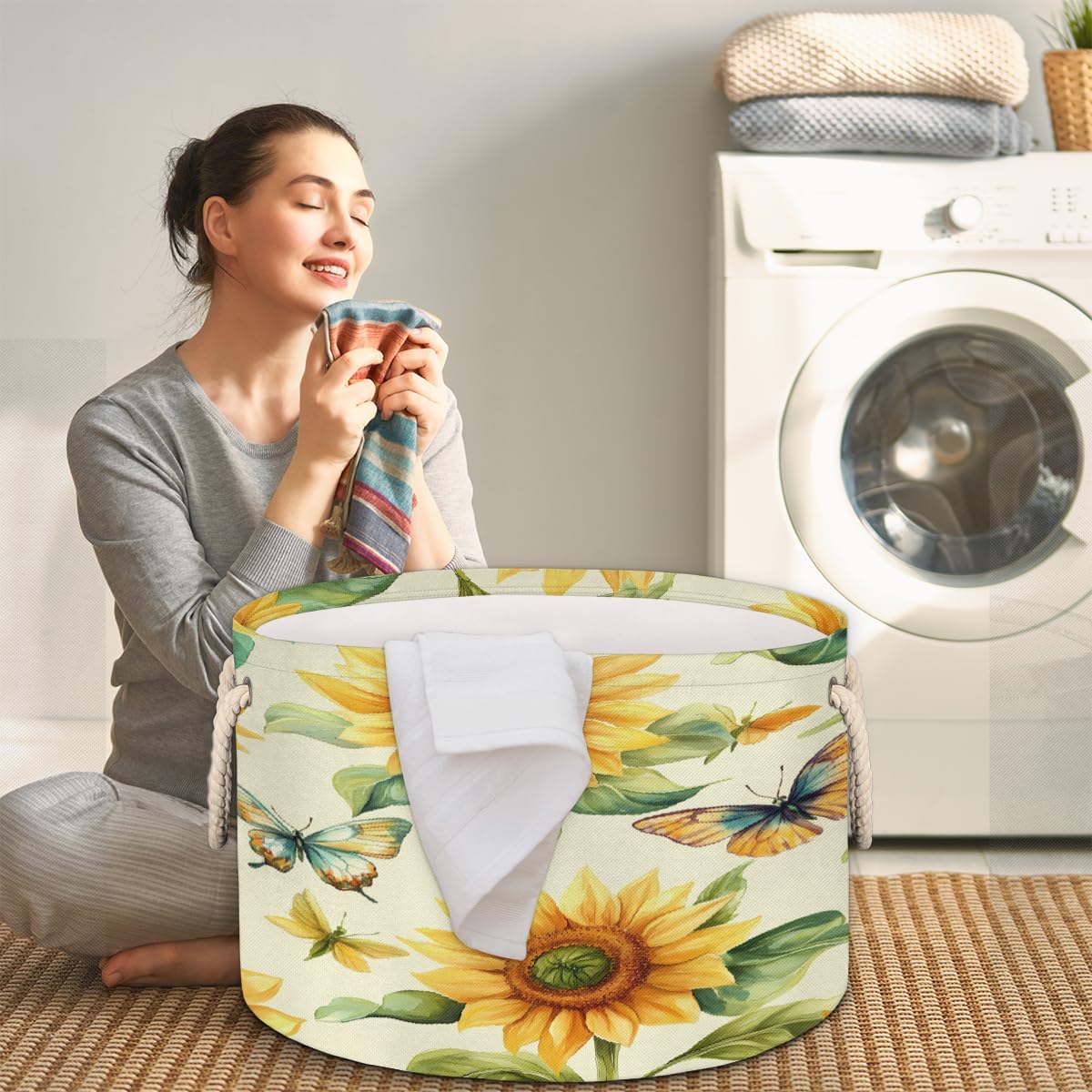 Vintage Sunflowers Butterflies Round Storage Basket Laundry Hamper Collapsible Laundry Basket with Handles Large Canvas Storage Bin for Clothes Toys Nursery Bedroom Closet Organizer